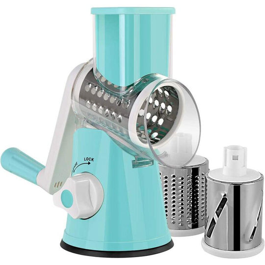 Manual Vegetable Cutter Vegetable Slicer Drum Rape Cheese Mill With 3 Stainless Steel Drum Inserts (Blue) -b