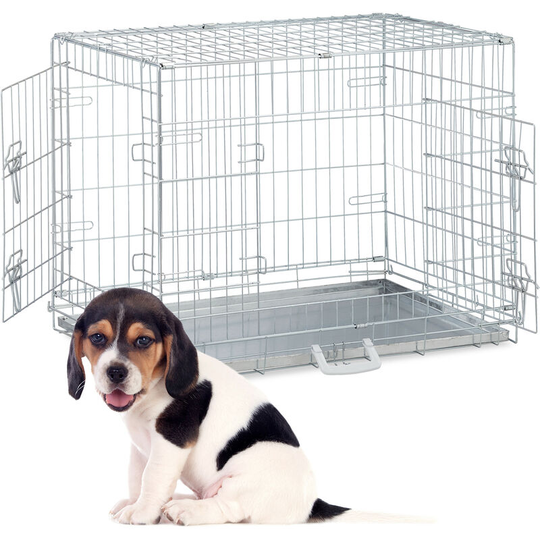 Foldable Dog Crate, for Indoors or Travels, Galvanised Tray, 2 Doors, Handle, 59 x 76 x 53 cm, Metal, Silver - Relaxdays