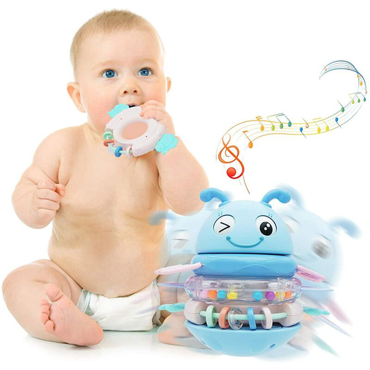 Baby Rattles 6 Months Teether Toys for Infants Tumbler Musical Shaker Stacking Rings 5 in 1 Early Educational Toys for 3-12 Months Newborns Girls Boys