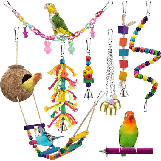13treize - Bird Toys, Natural Coconut Bird House with Colorful Ladder Hanging Chewing Toys Hammock Climbing Ladder Bird Colorful Toys with Bells for