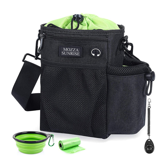 Pet training bag for small to large dogs with kibble treats toy for training reward walks, black+green