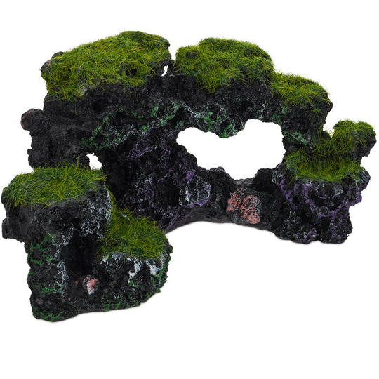 Relaxdays - Aquarium Decoration, Mossy Rocks, Natural Look, Fish Tank Ornament, Shells, HxW 8.5 x 17 cm, Black/Green