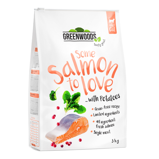 3kg Greenwoods Adult Dry Cat Food - 2.5kg + 500g Free!* - Salmon with Potatoes, Spinach & Cranberries