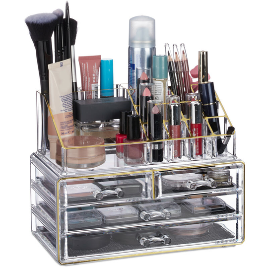 Relaxdays - Set of 1 Makeup Organizer with 4 Drawers, Cosmetics Holder for Nail Polish, Makeup Kit, Golden-Stripes