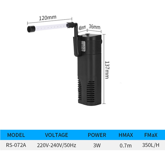 Aquarium Built-in Small Filter 3-in-1 Filtration Circulation Oxygenation with Rain Shower Tube Small Filter (RS-072A)