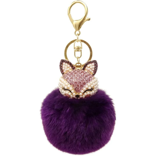 Perle Rare - Faux Rabbit Fur Pompom Keychain with Rhinestones for Women's Bag, School Bag, Mobile Phone or Car Pendant (Purple)