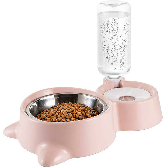 Double Bowl for Dog and Cat, Stainless Steel Pet Bowl, Spill Resistant Resin Station, Pet Feeder with Automatic Water Bottle Pink