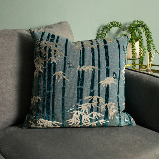 Anji Bamboo Jacquard Velvet Cushion Cover, Teal, 50 x 50 Cm - Paoletti
