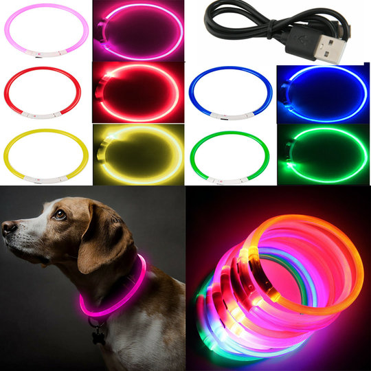 (Pink, 50cm) USB Rechargeable LED Dog Pet Collar Flashing Size Adjustable Safety Light Up UK