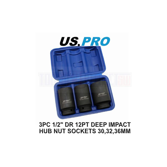 Tools 3PC 1/2' dr 12PT Deep Impact Hub Nut Sockets 30,32,36mm 3687 - Us Pro