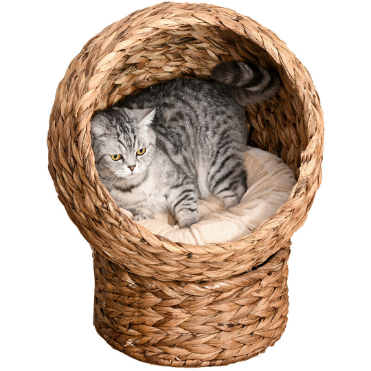 Elevated Kitten Hooded Rattan Cat House Basket Cushion, 52x42x60cm Brown - Brown - Pawhut
