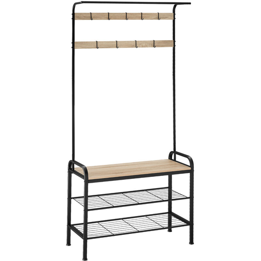 Tectake - Coat & shoe rack - Industrial style wardrobe, coat stand, shoe rack with seat and coat hooks - 85.5x36x184cm industrial wood light, oak