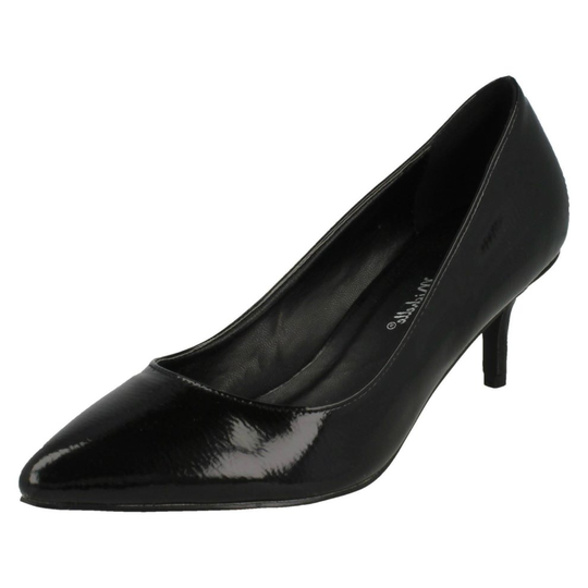 (UK 5, Black) Ladies Anne Michelle Kitten Heel Crinkle Patent Court Shoes