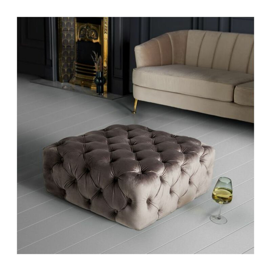 Mink Button Footstool - Tufted Plush Soft Velvet, Large Square Coffee Table Pouffe with Cushioned Fabric for Lounge & Living Room - Luxury Modern &