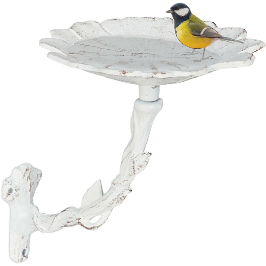 Relaxdays Bird Bath, Water Bowl, Wall Mountable, Frost-Proof, H x W x D: 20 x 17 x 21 cm, Cast-Iron, White
