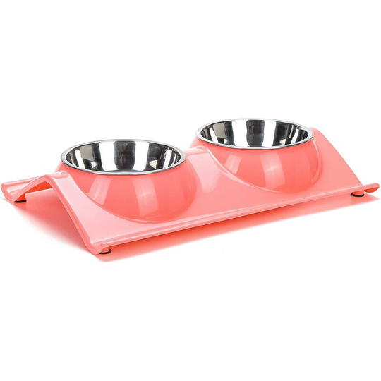 Double Dog Bowl Non-spill & Non-skid Raised Cat Bowl Feeder with Two Stainless Steel Bowls (Pink)