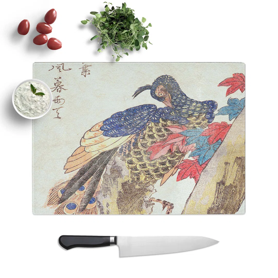 Tempered Glass Perched Peacock by Utagawa Hiroshige Chopping Board
