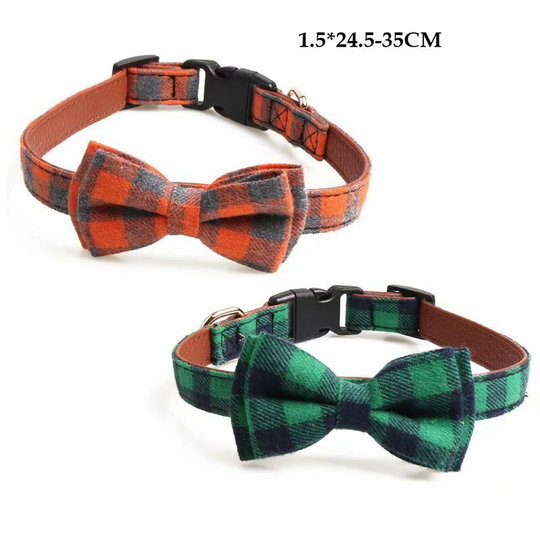 Separate cat necklace, with bow tie and bell, suitable for cats and certain puppies, adjustable 1.5 * 24.5-35 cm, 2 per set (green and orange) -