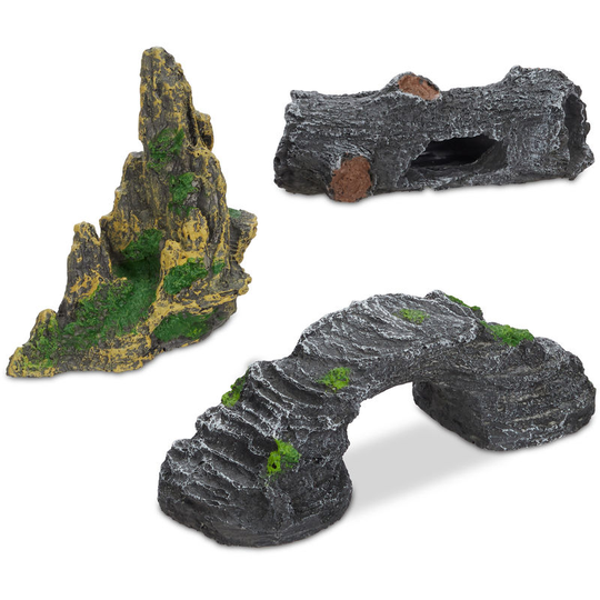 Relaxdays - Aquarium Decoration Set of 3, Rock, Tree Trunk Cave & Bridge, Fish Tank Ornament, Aquascaping, Resin, Grey