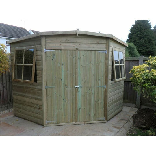 8 x 8 (2.25m x 2.25m) - Pressure Treated Tongue And Groove - Corner Shed - 2 Opening Windows - Double Doors - 12mm Tongue And Groove - Core