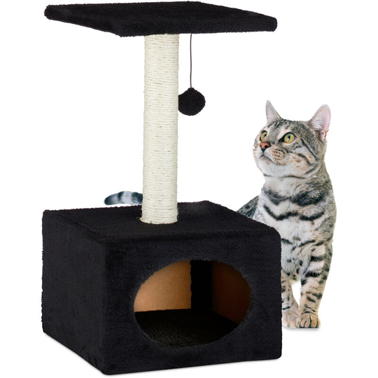 Cat Activity Tree Scratcher Play Tower, Plush Cover Sisal Pole with Play Ball, hwd 56x31x31 cm, Black - Relaxdays