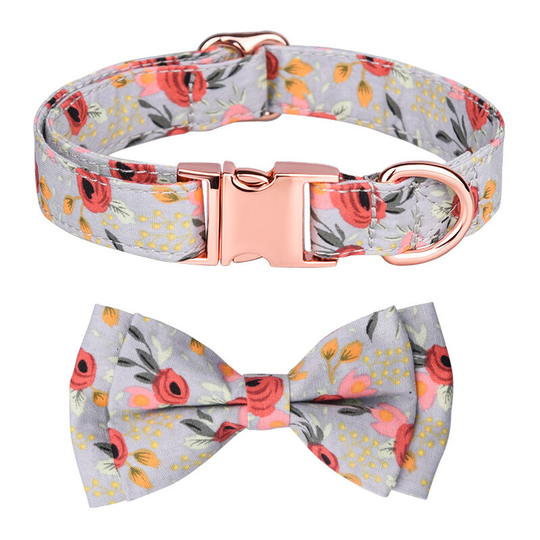 Floral Dog Cat Collar Bowtie,Removeable Flower Bow Soft Cotton Adjustable Pet Collars Rose Gold Metal Buckle for Dogs Cat (l Grey 38-60cm)