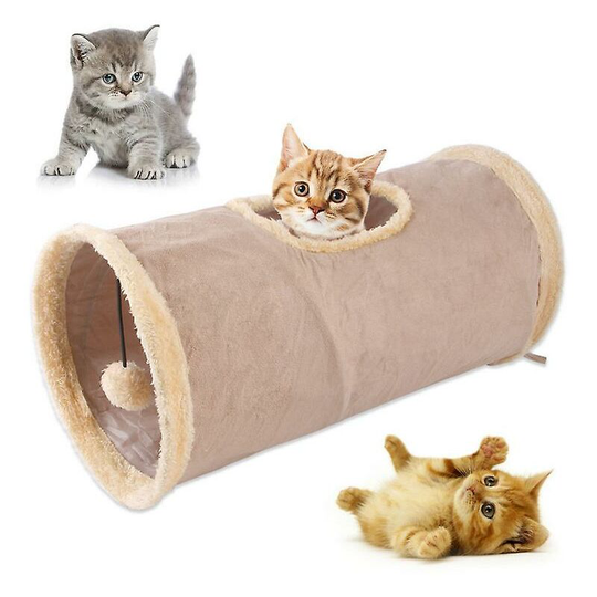 Collapsible cat tunnel, cat play tunnel, durable suede play tunnel with khaki ball