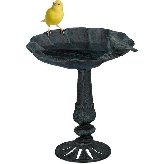 Bird Bath, Standing, Water Bowl, Frost-Proof, h x w x d: 24 x 21 x 18 cm, Cast-Iron, Green - Relaxdays