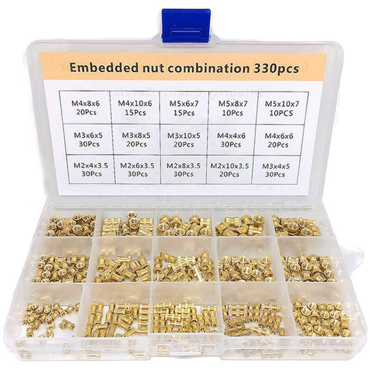 330pcs Embedded Nut Combination Copper Nut M2/M3/M4/M5 Brass Knurled Round Molded-in Insert Nut Packed in Organizer Box