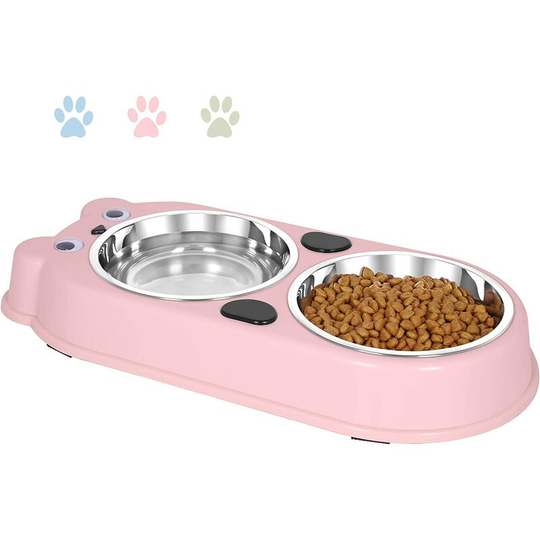Double Dog Cat Bowls Double Premium Stainless Steel Pet Bowls with Cute Modeling Pet Food Water Feeder pink