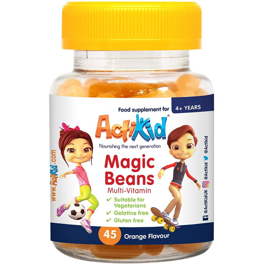 ActiKid Magic Beans Multivitamin 45x Orange Flavour, Gelatine Free, Vitamins for Children, Immune System Booster