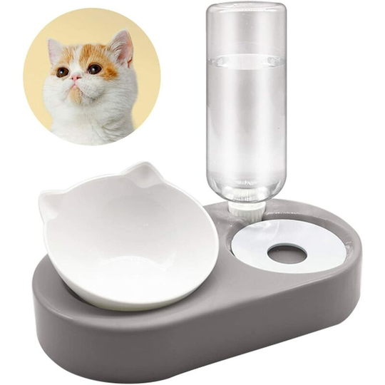 Modou - Pet Bowl + Bottle 500ML, Raised and Inclined Anti Vomiting Cat Feeder, Feeders and Drinkers for Cats, Automatic Water Dispenser Premium Gray