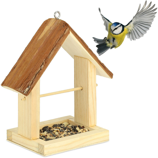 Relaxdays - Bird Feeder, Feeding Station, Hang or Place on Surface, h x w x d: 27 x 23 x 13 cm, Wood, Natural