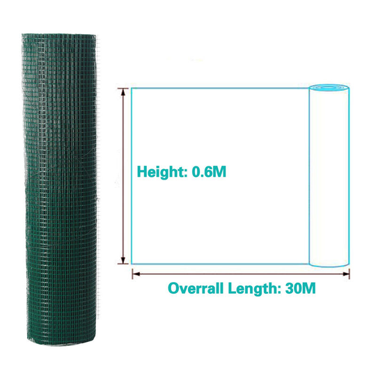 Wire Mesh Roll, 30 x 0.6M pvc Coated Wire Mesh, Fencing Dipped Galvanized Netting for Chicken Coop Rabbit (Green)