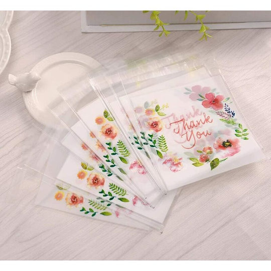300 Pieces Self Adhesive Cookie Bags Candy Bags Party Favor Bags Treat Bags Gift Bag (Flower)