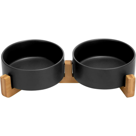 Swyeoot - Ceramic Double Bowl with Bamboo Stand for Cat and Dog Black