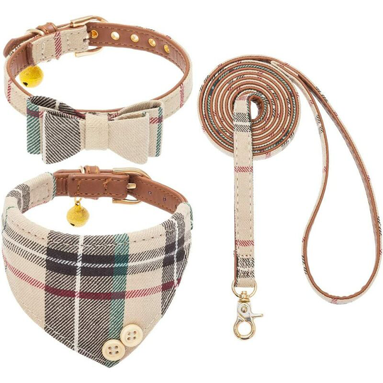 Bow Tie Dog Collar and Leash Set Classic Plaid Adjustable Dogs Bandana and Collars with Bell for Puppy Cats 3 Count (m 11-16')