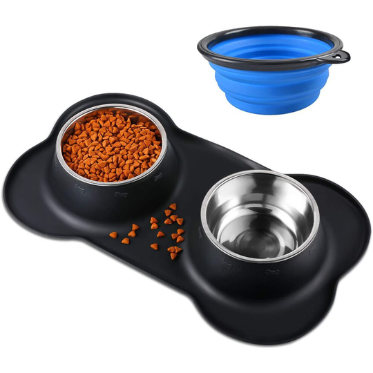 Bonve Pet 2 x 400ML Dog Bowls with Non slip Silicone Mat, Stainless Steel Double Bowls Set for Cats Puppy Small Medium Dogs Food and Water Feeding