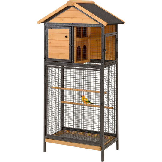 Pawhut - Wood & Steel Aviary Bird Cage w/ Standing Pole, Nest, Slide-Out Tray - Natural wood finish