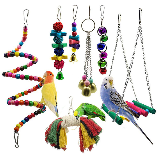 7 Pack Bird Chew Toys with Perches, Balls and Bells