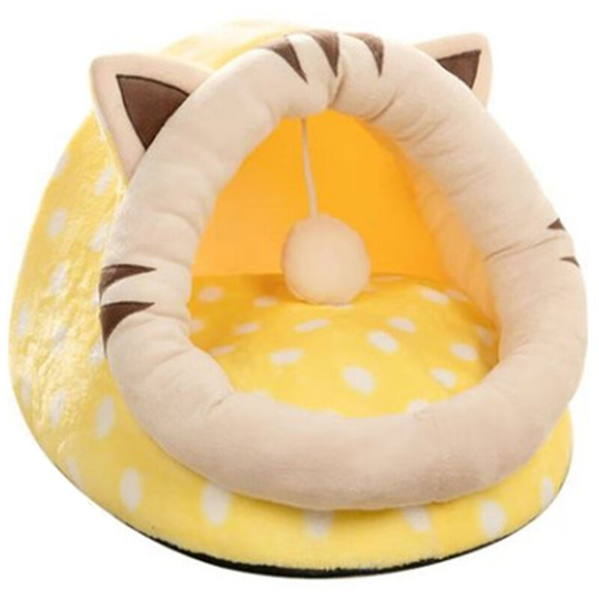 Removable and Washable Cat Semi-Enclosed Nest Mat, Cat Dog Basket, Cat House Tent Cave Cats Bed - Yellow,S