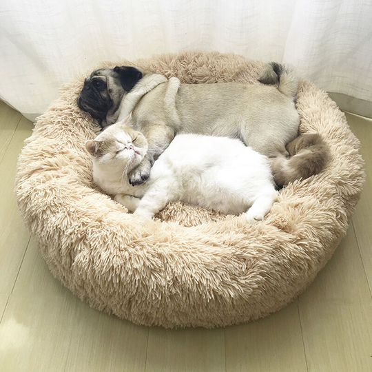 60CM Round Faux Fur Fluffy Shaggy Sheepskin Pet Bed, Apricot - Livingandhome