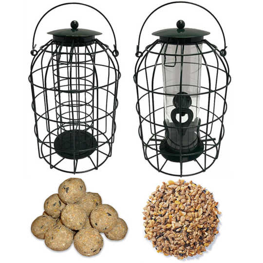 1 x Pair of Simply Direct Squirrel Resistant Guard Seed and Fat Ball Feeders with 3.6KG Bag of Seeds and Tub of 50 Suet Fat Ball Wild Bird Feed