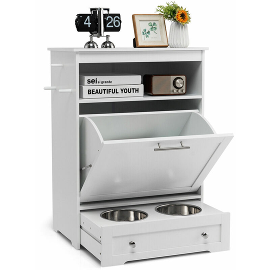 Pet Feeder Station Tippling-Door Storage Cabinet with 2 Stainless Steel Bowls