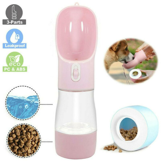 Dog drinking bottle for on the go with food container and water bowl, pink travel bowl
