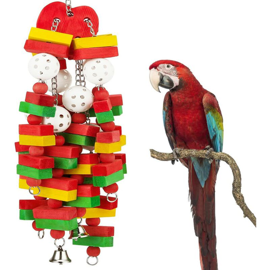 Joorrt - Large Bird Parrot Toys with Bells - Parrots Cage Chewing Toy with Colorful Wood Blocks Beads Bird Parrot Chewing Sticks Toys for Cockatoos