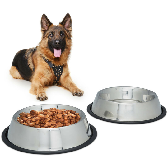 Relaxdays - Dog Feeding Bowl Set of 2, Water Dish, Feeding Station, Non-Slip. Stainless Steel, Size xl, 1.25 l, Silver