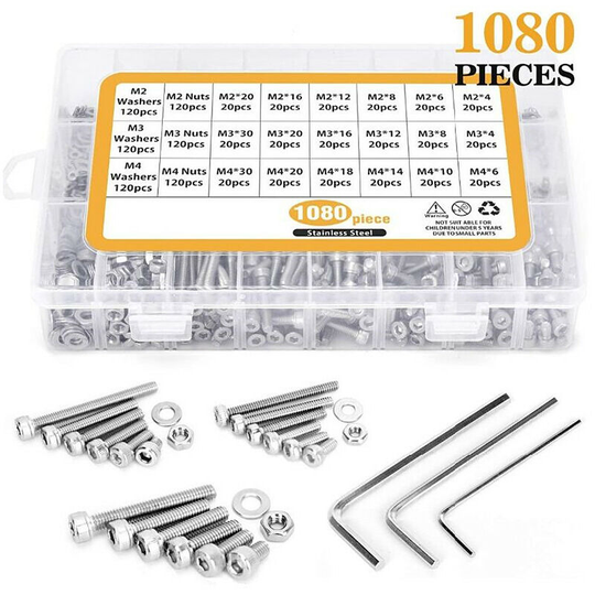 Sun Flowergb - 1080pcs M2 M3 M4 304 stainless steel flat head with nut and washer screw with storage box