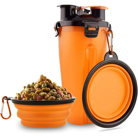 Denuotop - Dog water bottle with 2 collapsible portable 2 in 1 water bottle and dog food cat pets, travel bottle for walking, sports, hiking, camping