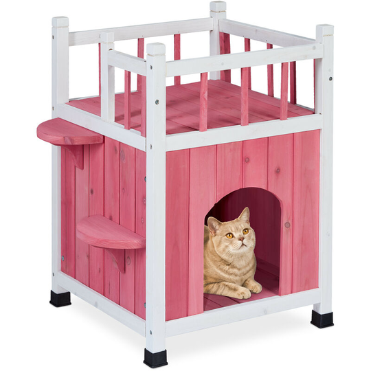 Cat House, Wood, h x w x d: 65,5 x 54 x 45 cm, Kitten Shelter 2 Floors, Balcony and Sleeping Cave, Red/White - Relaxdays